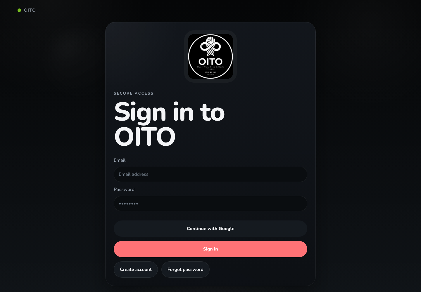 Oito Platform secure sign-in screen